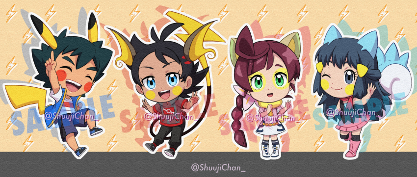 2boys 2girls animal_ears ash_ketchum black_hair blue_hair braid braided_ponytail chibi chloe_(pokemon) cosplay dawn_(pokemon) gen_1_pokemon gen_4_pokemon gen_8_pokemon goh_(pokemon) hair_ornament highres multiple_boys multiple_girls nintendo one_eye_closed open_mouth pachirisu pikachu pink_hair pokemon pokemon_(anime) pokemon_dppt_(anime) pokemon_journeys pokemon_tail raichu sara_bon smile tail v wink yamper