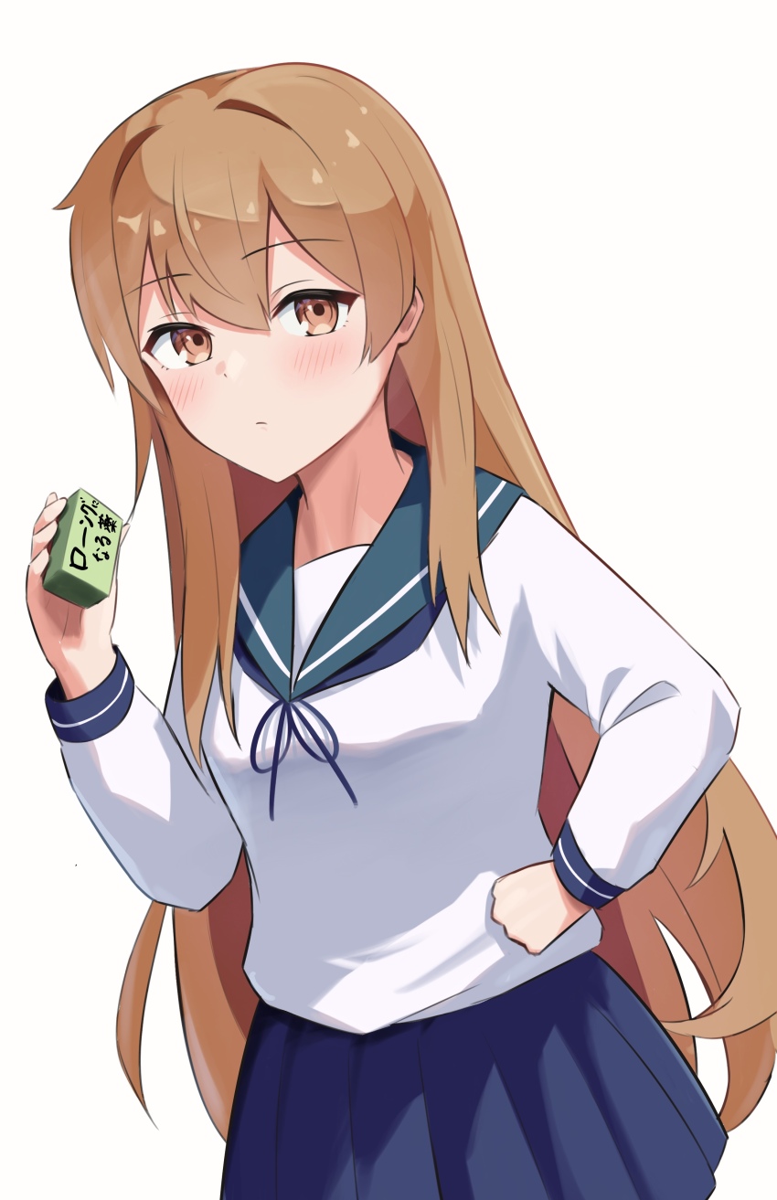 1girl absurdres alternate_hair_length alternate_hairstyle alternate_sleeve_length blue_sailor_collar blue_skirt box brown_eyes brown_hair cowboy_shot hand_on_own_hip highres holding holding_box kantai_collection l_meet long_hair long_sleeves looking_at_viewer oboro_(kancolle) pleated_skirt sailor_collar school_uniform serafuku shirt simple_background skirt solo white_background white_shirt