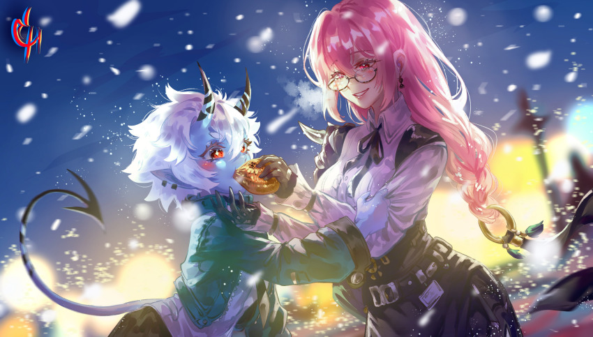 +_+ 2girls absurdres aqua_jacket artist_logo black-framed_eyewear black_gloves black_horns black_ribbon black_skirt blue_skin breasts clothes_grab coconuthound collared_shirt colored_skin commentary demon_girl demon_tail dress_shirt ear_piercing earrings eating english_commentary feeding glasses gloves hair_between_eyes high-waist_skirt highres horns id_card jacket jewelry large_breasts logo long_hair long_sleeves looking_at_another multiple_girls neck_ribbon night night_sky orange_eyes outdoors piercing pink_eyes pink_hair pointy_ears red_eyes ribbon semi-rimless_eyewear shirt short_hair sidelocks skirt sky sleeve_grab smile snowing soukaku_(zenless_zone_zero) tail thick_eyebrows tsukishiro_yanagi white_hair white_shirt zenless_zone_zero