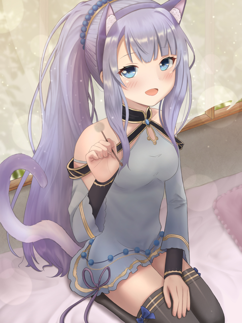 1girl absurdres animal_ear_hairband animal_ears bed black_thighhighs blue_eyes blue_hair breasts cat_ear_hairband cat_ears cat_tail ear_cleaning fake_animal_ears hairband highres iris_mysteria! lap_pillow mimikaki on_bed ponytail priscilla_marcell_de_palvin seiza sigure_hazime sitting tail thighhighs