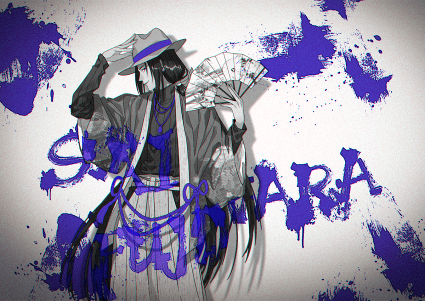 1boy blue_theme character_name cowboy_shot folding_fan fujiwara_no_sai hakama hand_fan hand_on_headwear hands_up haori hikaru_no_go holding holding_fan hun_(endlesslovehikaru) japanese_clothes long_hair long_sleeves looking_at_viewer low_ponytail male_focus monochrome paint_on_clothes paint_splatter ponytail profile sideways_glance smile solo spot_color tassel turtleneck very_long_hair