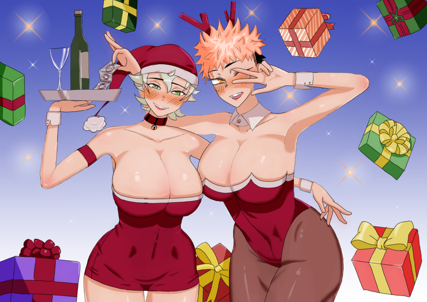 2girls antlers asta_(black_clover) black_clover black_hair blonde_hair box breasts christmas cleavage dress genderswap genderswap_(mtf) gift gift_box green_eyes hat highres horns itadori_yuuji jewelry jujutsu_kaisen leotard looking_at_viewer merry_christmas mirchange multiple_girls open_mouth pantyhose santa_hat short_hair smile thick_thighs thighlet thighs