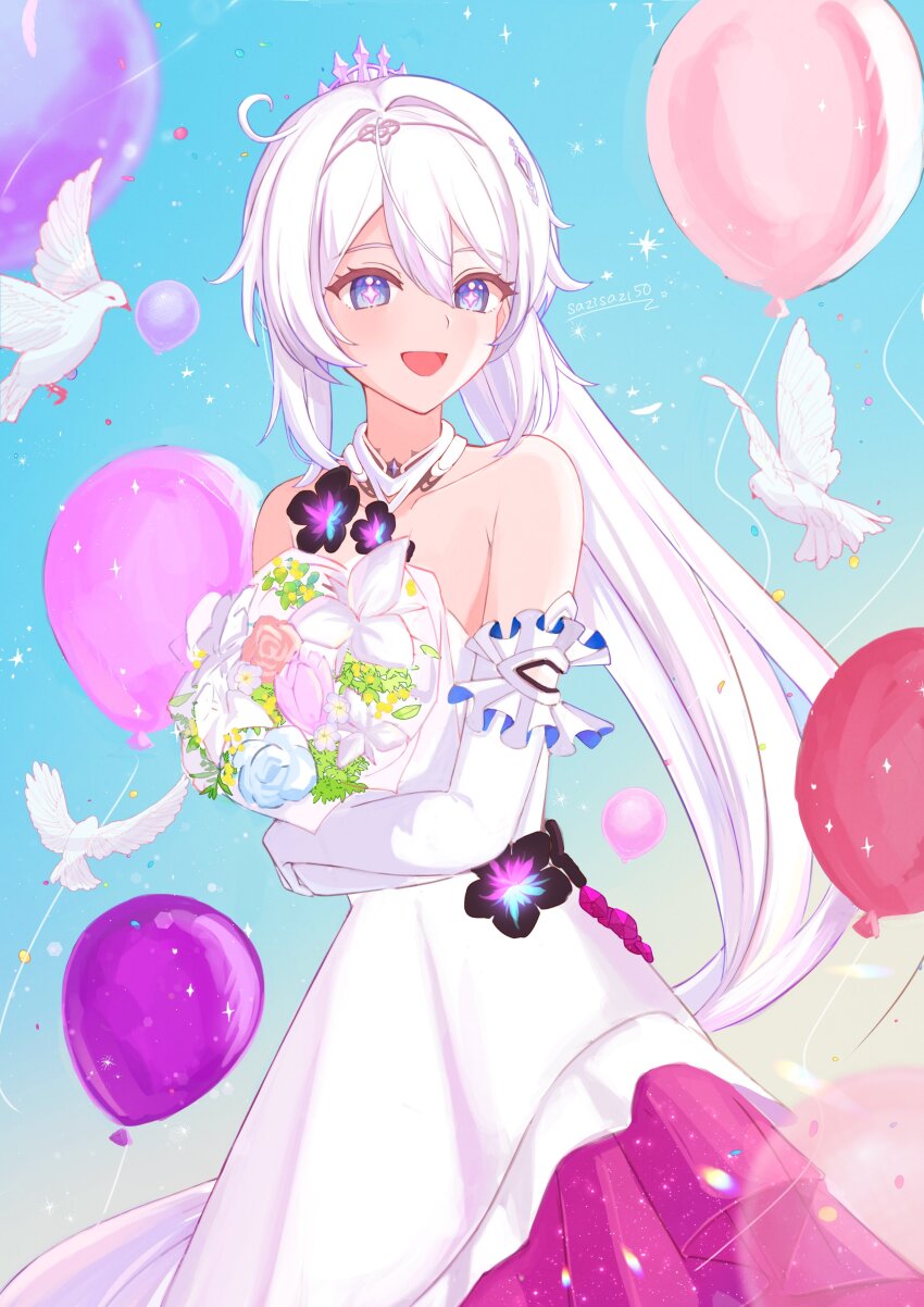 absurdres balloon bare_shoulders bird blue_eyes blue_sky bouquet commentary_request dress flower flower_ornament highres holding holding_bouquet honkai_(series) honkai_impact_3rd kiana_kaslana kiana_kaslana_(herrscher_of_finality) long_hair open_mouth purple_flower sazisazi50 sky smile star-shaped_pupils star_(symbol) symbol-shaped_pupils tiara white_bird white_dress white_hair