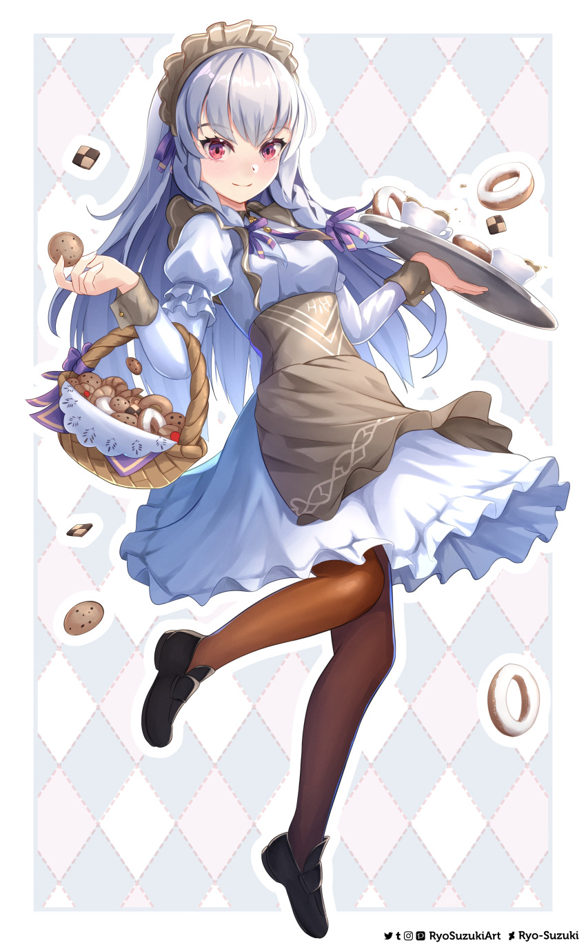 1girl absurdres apron artist_name basket black_shoes brown_apron brown_pantyhose closed_mouth cookie dress elbow_carry fire_emblem fire_emblem:_three_houses fire_emblem_heroes food full_body highres holding holding_basket holding_tray long_hair looking_at_viewer lysithea_von_ordelia lysithea_von_ordelia_(tea_party) maid maid_headdress mixed-language_commentary nintendo official_alternate_costume pantyhose pink_eyes ryo-suzuki shoes smile solo tray waist_apron white_dress white_hair