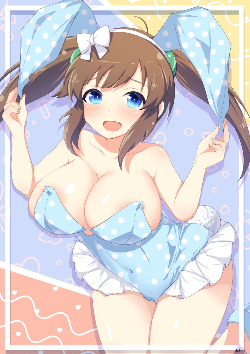 1girl areola_slip bent_over betterthanbone2 blue_eyes blue_footwear bow breasts brown_hair bubble cleavage corrupted_twitter_file covered_navel fang high_heels highres large_breasts leg_up leotard light_blush looking_at_viewer medium_hair minori_(senran_kagura) multicolored_background open_mouth playboy_bunny polka_dot polka_dot_leotard rabbit_tail ring_hair_ornament senran_kagura smile tail twintails