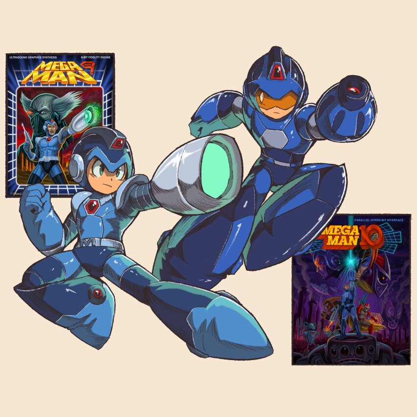 2boys adapted_costume arm_cannon armor assault_visor blue_armor blue_bodysuit blue_footwear blue_helmet bodysuit boots chest_jewel clenched_hand commentary english_commentary forehead_jewel helmet highres arm_cannon mega_man_(character) mega_man_(classic) mega_man_(series) mega_man_10 mega_man_9 multiple_boys multiple_views orange-tinted_eyewear outstretched_arm powering_up serious souldroids tinted_eyewear weapon