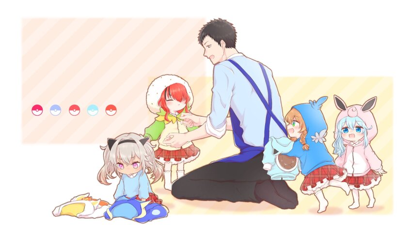 1boy 4girls aged_down apron black_eyes black_hair black_hairband black_pants blastoise blastoise_(cosplay) blue_apron blue_eyes blue_hair blue_shirt brown_hair child cinderace cinderace_(cosplay) closed_eyes cosplay cramorant cramorant_(cosplay) dark-skinned_female dark_skin eldegoss eldegoss_(cosplay) gen_1_pokemon gen_6_pokemon gen_8_pokemon greninja greninja_(cosplay) grey_hair hairband highres hood hoodie kindergarten_teacher kindergarten_uniform lain_paterson matsukai_mao multicolored_hair multiple_girls nijisanji nintendo one_eye_covered pants pink_eyes plaid_clothes plaid_skirt pokemon pokemon_unite pout red_hair red_skirt shirt sio_8s72_8q skirt sleeves_rolled_up socks streaked_hair virtual_youtuber warabeda_meiji white_socks wigglytuff wigglytuff_(cosplay) yashiro_kizuku