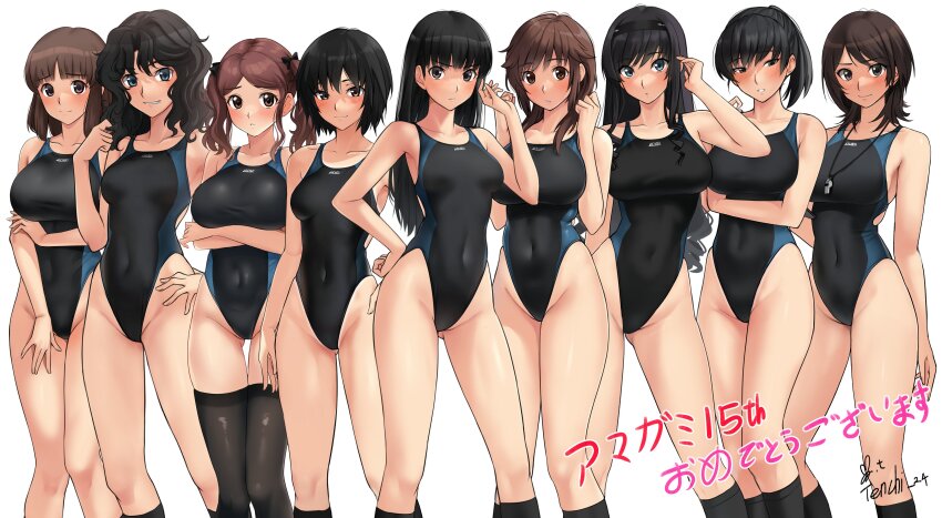 6+girls absurdres adjusting_hair amagami anniversary arm_at_side arm_under_breasts artist_name ayatsuji_tsukasa black_hair black_hairband black_one-piece_swimsuit black_ribbon black_socks black_thighhighs blue_one-piece_swimsuit blush bob_cut breasts brown_hair collarbone commentary competition_school_swimsuit competition_swimsuit copyright_name covered_navel groin hair_over_shoulder hair_ribbon hairband hand_on_own_hip hands_up highleg highleg_one-piece_swimsuit highres kneehighs large_breasts long_hair medium_breasts medium_hair messy_hair morishima_haruka multiple_girls nakata_sae nanasaki_ai one-piece_swimsuit parted_bangs ponytail ribbon sakurai_rihoko school_swimsuit short_hair signature skindentation socks standing swimsuit takahashi_maya tanaka_keiko_(amagami) tanamachi_kaoru thighhighs translated tsukahara_hibiki twintails two-tone_swimsuit wavy_hair whistle whistle_around_neck yoo_tenchi