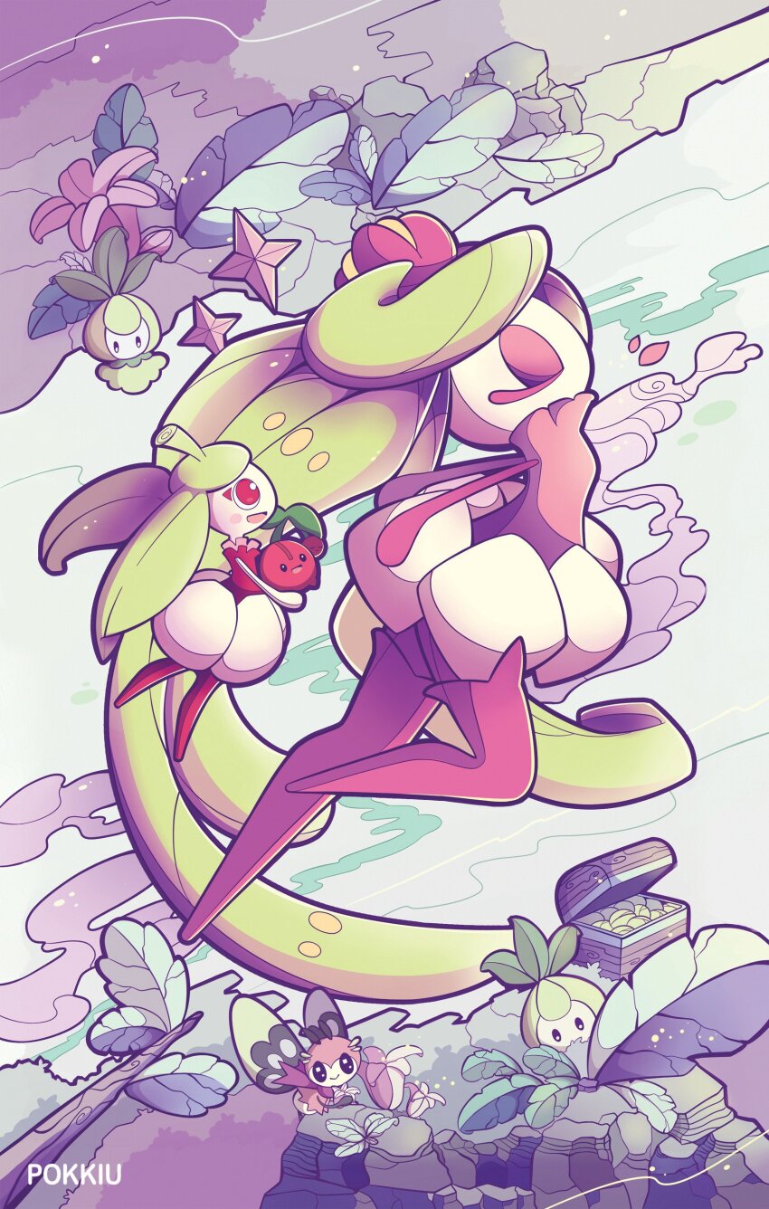 2girls :d absurdres alternate_color boots bug cherubi closed_eyes colored_eyelashes colored_skin crown eyeshadow full_body game_freak gen_4_pokemon gen_5_pokemon gen_7_pokemon green_hair highres leaf long_hair looking_to_the_side makeup mini_crown monster_girl multiple_girls nintendo open_mouth petilil pink_boots pink_eyeshadow pink_shirt plant_girl pokemon pokemon_(creature) pokkiu red_eyes ribombee shiny_pokemon shirt skirt smile star_(symbol) steenee thigh_boots tsareena very_long_hair white_skin white_skirt