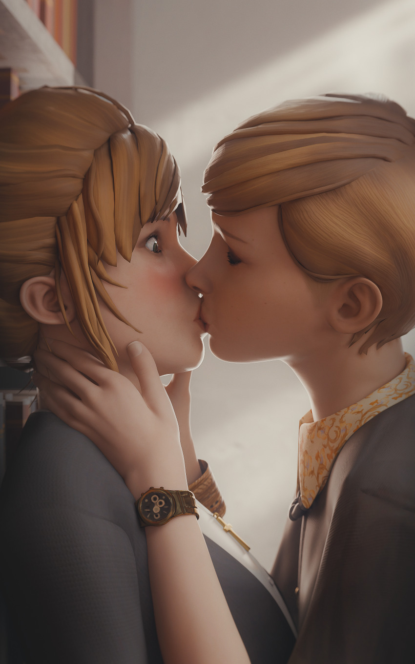 2girls 3d absurdres blush book bookshelf brown_hair closed_eyes cross cross_necklace fugtrup highres indoors jewelry kate_marsh kiss library life_is_strange_(series) multiple_girls necklace protected_link short_hair upper_body victoria_chase watch wristwatch yuri