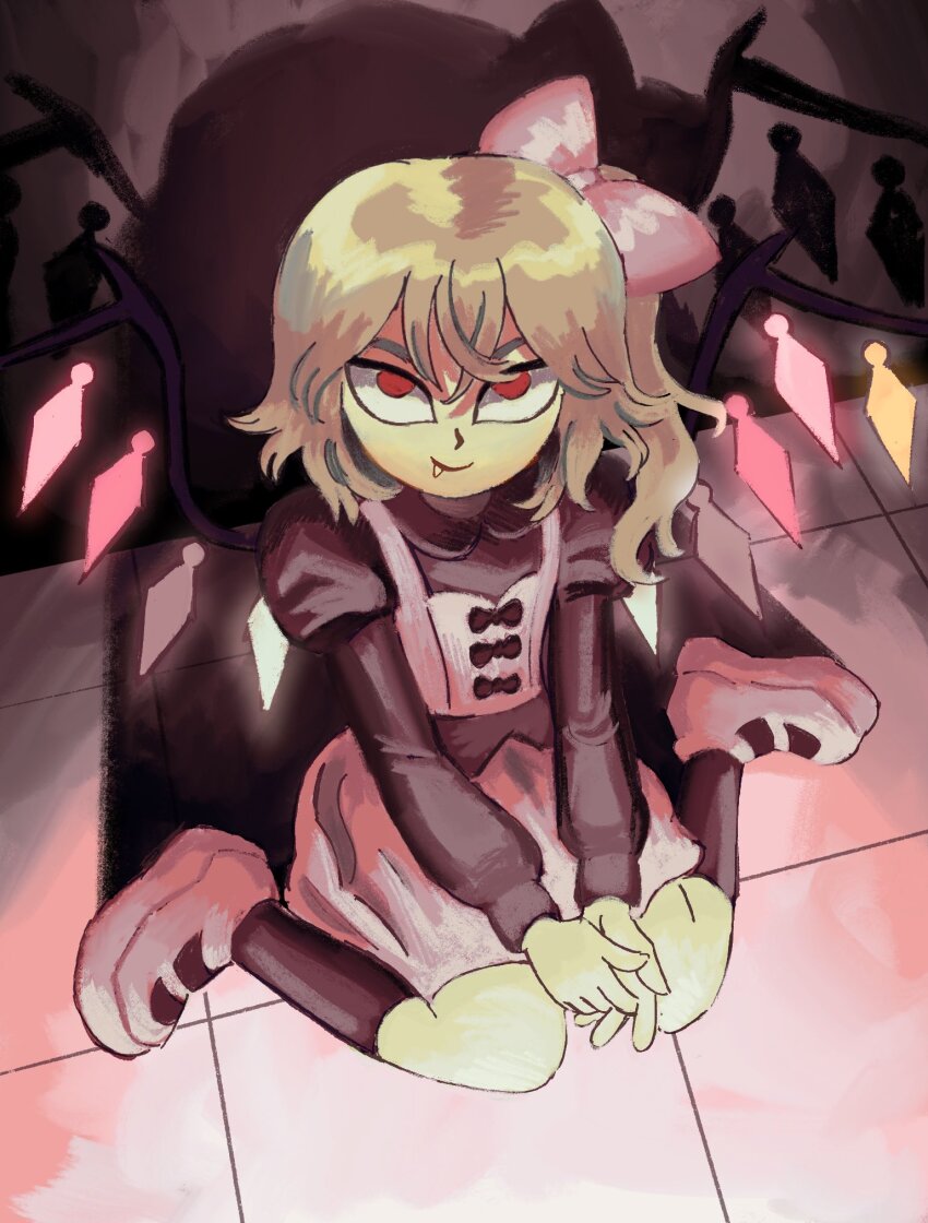1girl blonde_hair bow crystal_wings fang flandre_scarlet flandrepudding hair_bow high_side_ponytail highres looking_up pink_shoes pink_skirt pink_vest puffy_sleeves red_eyes shadow shoes skirt solo touhou vest