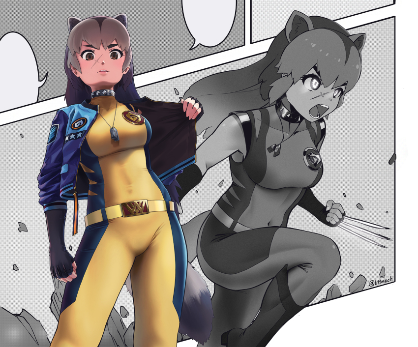 1girl animal_ears arm_at_side badger_ears badger_tail beleven belt bodysuit boots brown_hair claw_(weapon) collar cosplay covered_navel dog_tags extra_ears fingerless_gloves gloves glowing glowing_eyes hand_up highres jacket japari_symbol kemono_friends long_hair marvel multicolored_hair multiple_views name_connection open_clothes open_jacket paid_reward_available parody scar scar_on_face sidelocks sleeveless sleeveless_bodysuit spiked_collar spikes tail tan taut_bodysuit taut_clothes weapon wolverine_(kemono_friends) wolverine_(x-men) wolverine_(x-men)_(cosplay) x-men