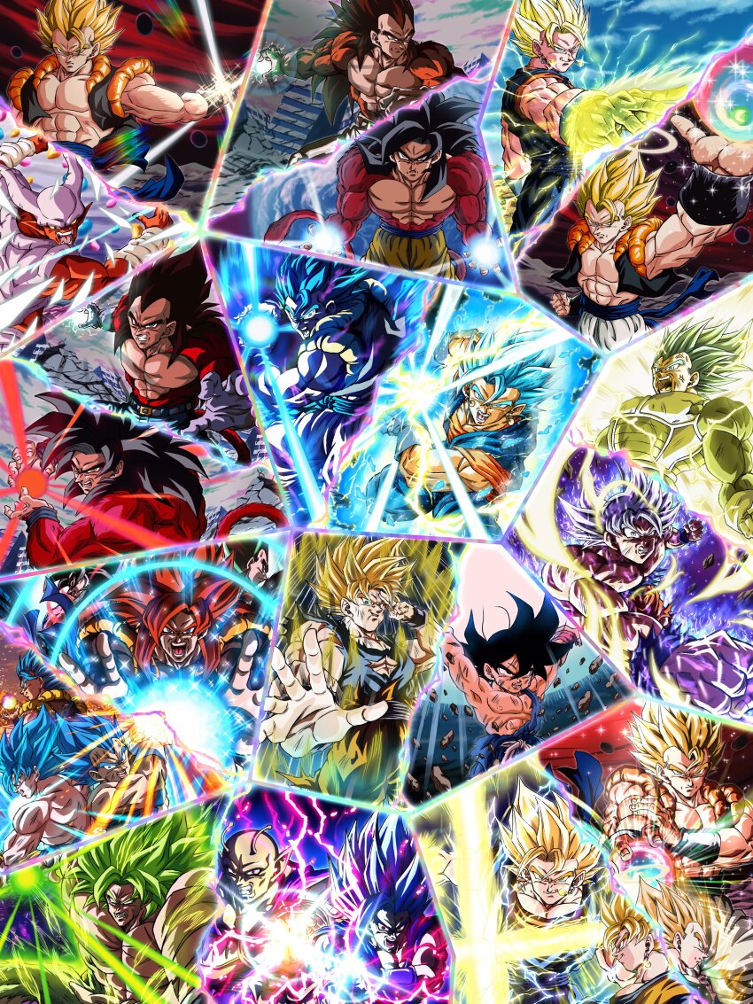 abs absurdres aura black_hair body_fur broly_(dragon_ball_super) dougi dragon_ball dragon_ball_gt dragon_ball_super dragon_ball_super_broly dragon_ball_z_dokkan_battle dragonball_z earrings gloves gogeta gohan_beast highres hiro_(udkod1ezlyi2flo) jewelry looking_at_viewer male_focus metamoran_vest monkey_boy monkey_tail multiple_boys muscular muscular_male pants pectorals piccolo potara_earrings red_fur saiyan smile son_gohan son_goku spiked_hair super_saiyan super_saiyan_4 tail topless_male vegeta vegetto yellow_aura