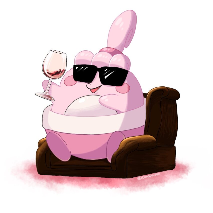 :d black-framed_eyewear blush_stickers commentary_request cup drinking_glass game_freak gen_4_pokemon happiny highres holding holding_cup nintendo no_humans open_mouth pokemon pokemon_(creature) sitting smile solo sunglasses tunaya_san white_background wine_glass