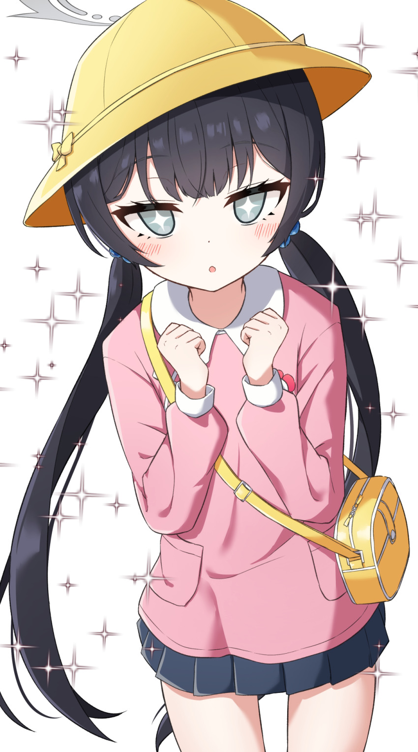 +_+ 1girl :o bag black_hair black_skirt blue_archive blush bow clenched_hands collared_shirt commentary_request grey_hair halo hands_up hat hat_bow highres kindergarten_bag kindergarten_uniform kisaki_(blue_archive) kisaki_(kindergarten_uniform)_(blue_archive) long_hair long_sleeves low_twintails nenosame parted_lips pink_shirt pleated_skirt puffy_long_sleeves puffy_sleeves school_hat shirt shoulder_bag simple_background skirt solo sparkle_background twintails very_long_hair white_background yellow_bow yellow_hat
