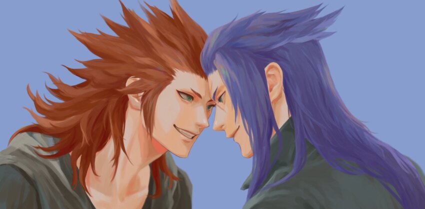 2boys axel_(kingdom_hearts) black_jacket black_shirt blue_background blue_eyes collared_shirt eye_contact forehead-to-forehead green_eyes grin hair_behind_ear heads_together hood hooded_jacket jacket kingdom_hearts long_hair looking_at_another male_focus mukashino multiple_boys red_hair saix shirt simple_background smile teeth upper_body yaoi