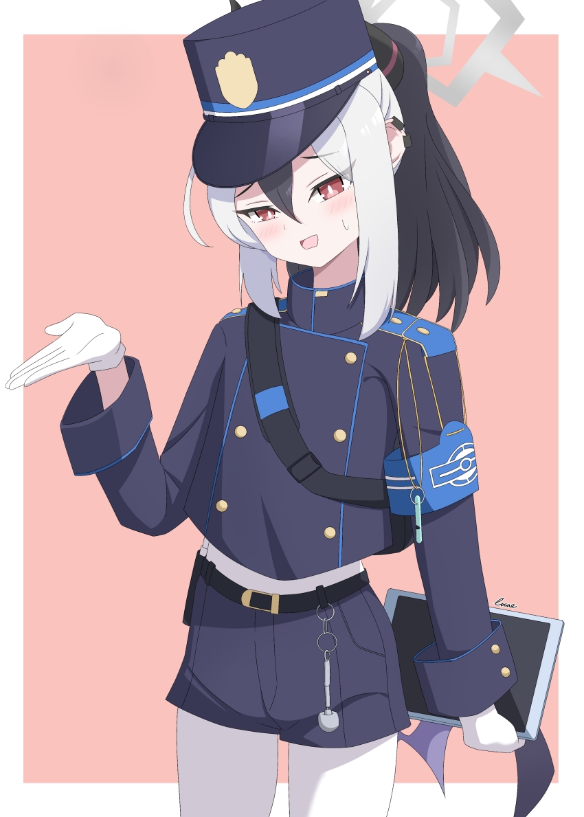 1girl absurdres armband black_hair blue_archive blue_armband blue_hat blue_jacket blue_shorts blush border cacao_(cacao77424) commentary_request cosplay ear_piercing furrowed_brow gloves grey_hair hair_between_eyes halo hand_up hat highres holding holding_tablet_pc jacket kayoko_(blue_archive) long_sleeves looking_at_viewer multicolored_hair nozomi_(blue_archive) nozomi_(blue_archive)_(cosplay) open_mouth outside_border pantyhose piercing ponytail purple_wings red_eyes shorts sidelocks single_wing solo standing sweat tablet_pc two-tone_hair whistle white_border white_gloves white_pantyhose wings