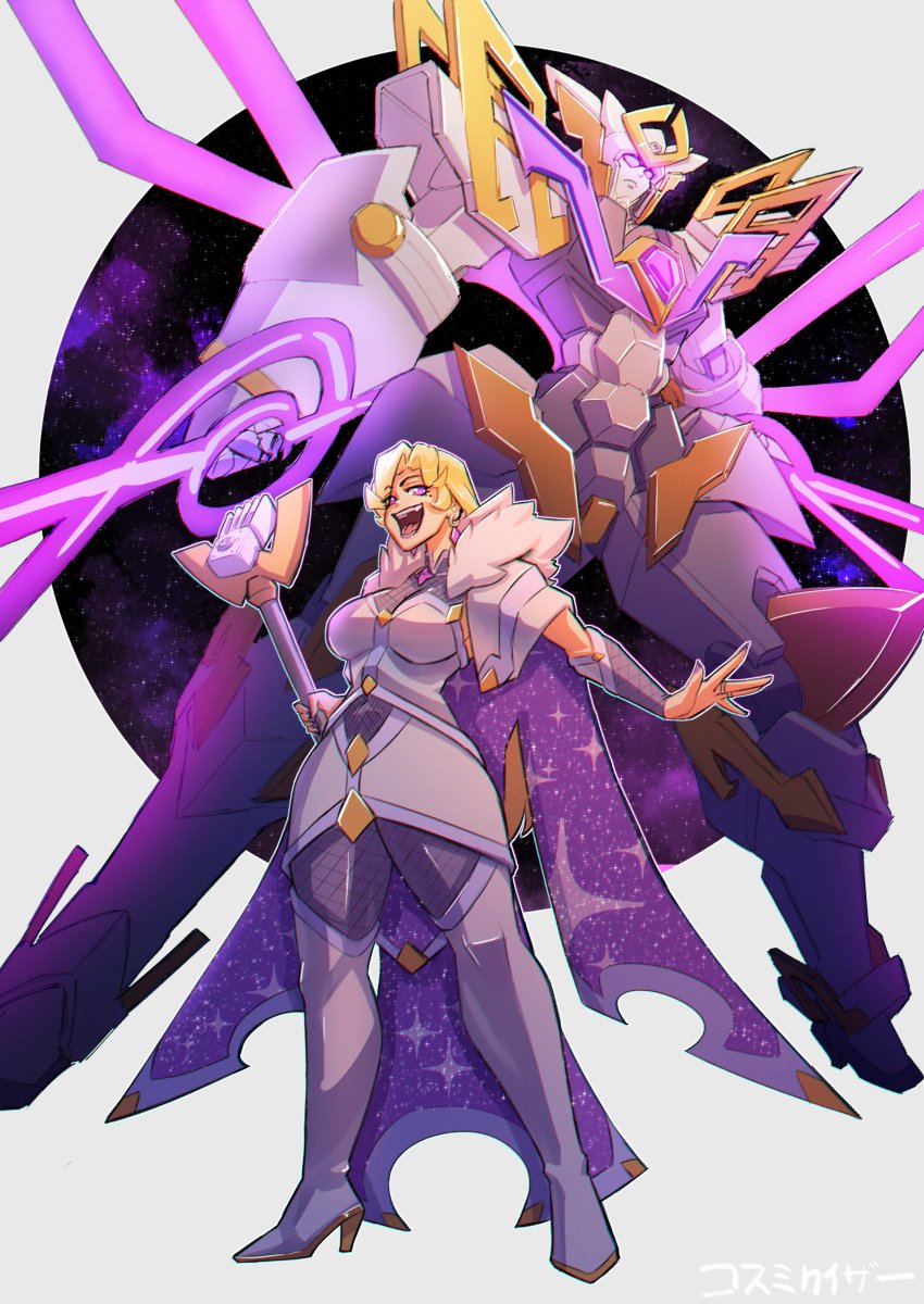 1girl absurdres blonde_hair boots bracer cosmikaizer fur_trim glowing glowing_eyes grey_footwear grey_skirt high_heel_boots high_heels highres holding holding_staff mecha nail_polish open_hand original purple_eyes robot science_fiction skirt smile staff super_robot thigh_boots thighhighs v-fin
