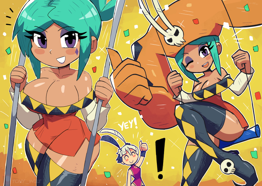! 2girls absurdres aqua_hair black_boots black_hair blush boots breasts cerebella_(skullgirls) china_dress chinese_clothes cleavage closed_eyes collarbone confetti detached_sleeves dress eyeshadow feng_(skullgirls) grin hat highres large_breasts long_hair long_sleeves looking_at_viewer makeup monster multicolored_hair multiple_girls one_eye_closed open_mouth orange_hat ponytail purple_eyes purple_lips red_dress short_hair sitting skull skullgirls sleeveless sleeveless_dress smile sparkle standing swing teeth thick_thighs thigh_boots thighs thumbs_up tony_welt trapeze_(object) twintails two-tone_hair vice-versa_(skullgirls) white_hair wide_hips wink wristband yellow_background