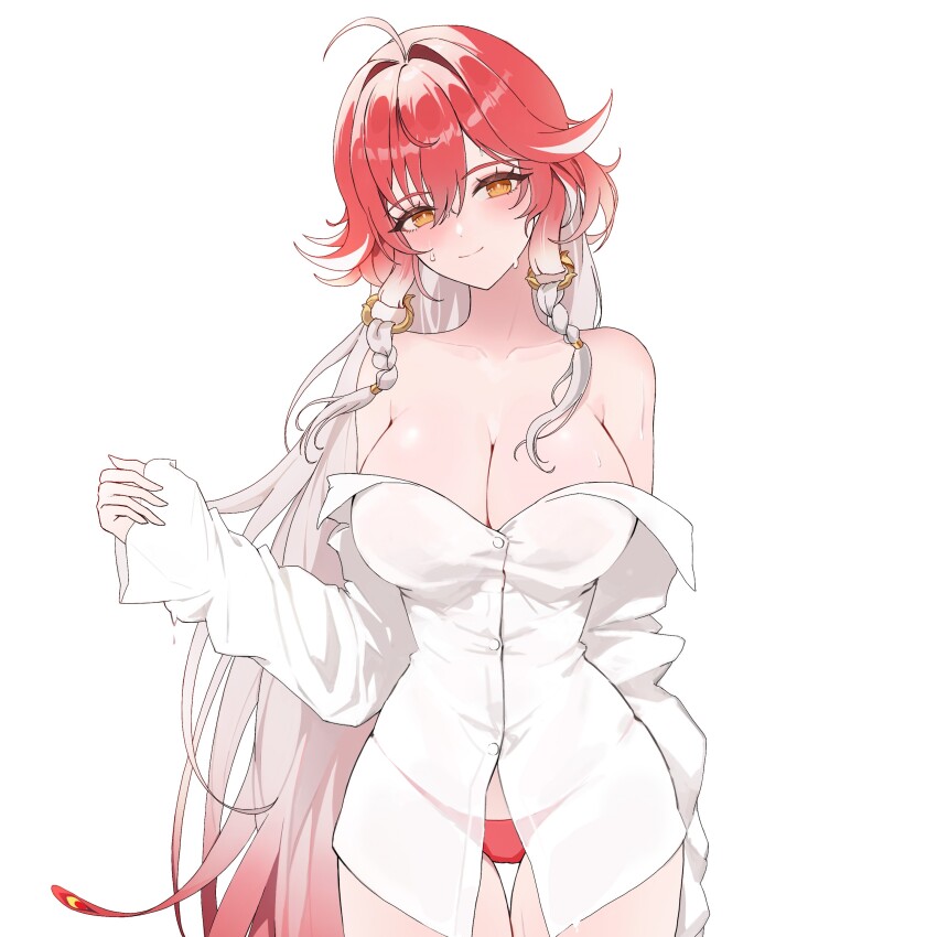 1girl absurdres ahoge alternate_costume bare_shoulders braid breasts bright_pupils changli_(wuthering_waves) cleavage closed_mouth clothes_down collarbone commentary cowboy_shot cropped feather_hair gozero gradient_hair hair_down hair_extensions highres large_breasts long_hair long_sleeves looking_at_viewer multicolored_hair orange_eyes panties pink_hair red_panties ring_hair_extensions shirt simple_background sleeves_past_wrists smile solo sweat thigh_gap twin_braids underwear very_long_hair white_background white_hair white_pupils white_shirt wuthering_waves