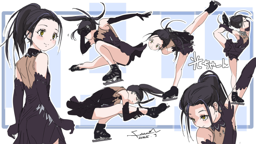 1girl biellmann_spin black_dress black_hair blush dress figure_skating figure_skating_dress full_body fumi-a highres ice_skates kamisaki_hikaru long_hair medalist_(manga) multiple_views ponytail skates smile yellow_eyes
