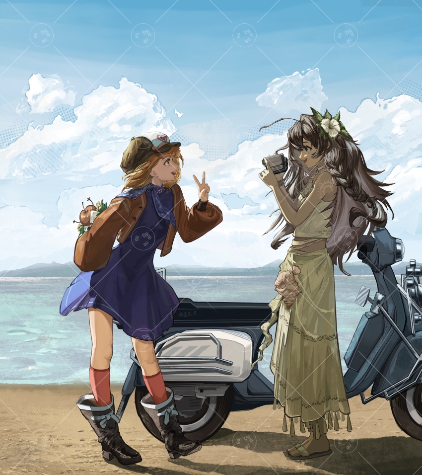 2girls :d absurdres ahoge beach black_boots blue_dress blue_eyes blue_neckerchief blue_sky boots brown_hair brown_sandals newsboy_cap camcorder camera cloud conch dark-skinned_female dark_skin day dress eye_contact face-to-face fatutu flower from_side full_body gu_xiansheng hair_flower hair_ornament halter_shirt halterneck hand_up hands_up hat hibiscus highres holding holding_camera jacket layered_skirt leaf_hair_ornament legs_apart long_hair looking_at_another midriff motor_vehicle mountainous_horizon multiple_girls neckerchief ocean open_mouth orange_eyes outdoors polka_dot_neckerchief red_jacket red_socks regulus_(reverse:1999) reverse:1999 sandals scooter shell_bracelet shirt short_dress short_hair shoulder_tattoo skirt sky sleeveless sleeveless_shirt smile socks standing tattoo v video_camera watermark watermark_grid white_flower white_shirt white_skirt