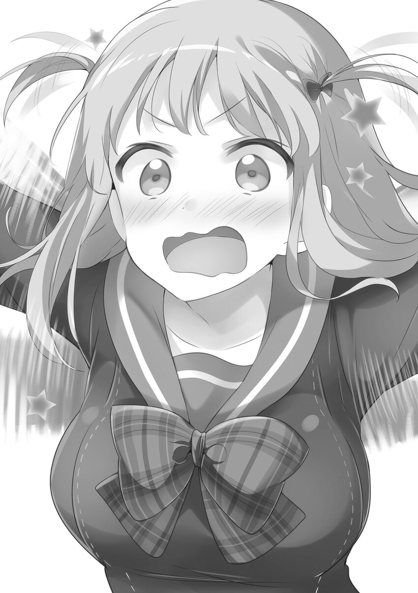 029 1girl afterimage arms_up blush bow breasts collarbone embarrassed hair_ribbon hataraku_maou-sama! highres large_breasts long_hair looking_at_viewer monochrome motion_lines open_mouth panicking plaid_bow ribbon sasaki_chiho school_uniform serafuku simple_background solo standing star_(symbol) surprised tented_shirt two_side_up upper_body v-shaped_eyebrows waving wavy_mouth white_background wide-eyed