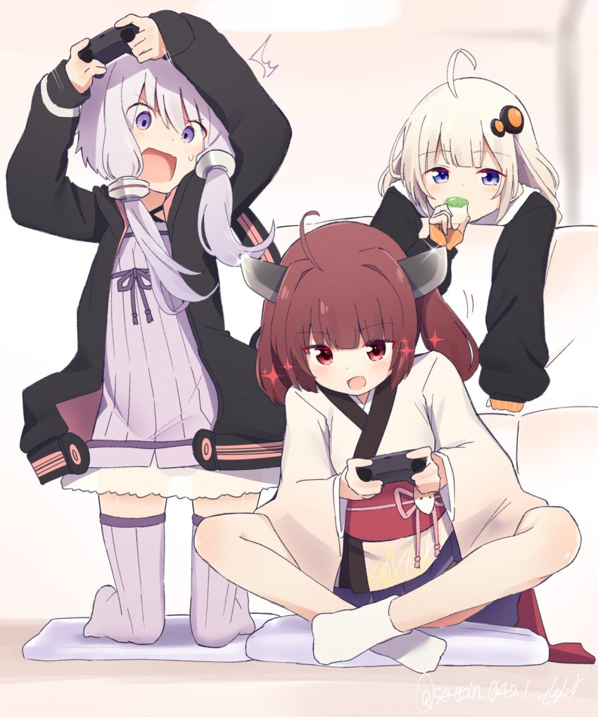 3girls brown_hair child controller food game_controller gamepad highres holding holding_food hood kizuna_akari looking_at_another multiple_girls open_mouth panties pantyshot purple_eyes purple_hair red_eyes sechin short_hair sitting touhoku_kiritan twintails underwear voiceroid white_hair yuzuki_yukari