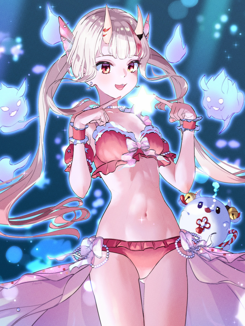 1girl :d absurdres bikini blue_skirt breasts center-flap_bangs cleavage commentary_request cowboy_shot detached_sleeves feet frilled_bikini frills front-tie_bikini_top front-tie_top fueppu gradient_clothes gradient_hair gradient_skirt grey_hair hair_between_horns highres hololive horns jewelry karma_(nakiri_ayame) legs long_hair medium_breasts multicolored_hair nail_polish nakiri_ayame nakiri_ayame_(holonatsu_paradise) navel necklace oni open_mouth pink_bikini pink_nails pink_skirt poyoyo_(nakiri_ayame) puffy_detached_sleeves puffy_short_sleeves puffy_sleeves red_eyes red_hair shiranui_(nakiri_ayame) short_sleeves showgirl_skirt sidelocks skin-covered_horns skirt smile solo stomach streaked_hair swimsuit toenail_polish toenails toes twintails underwater virtual_youtuber wrist_cuffs