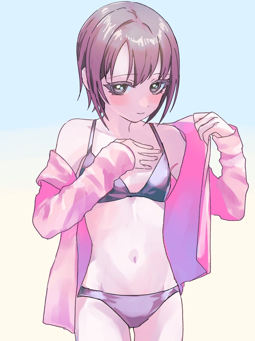 1girl absurdres bare_shoulders bikini black_bikini breasts cowboy_shot grey_hair highres idolmaster idolmaster_cinderella_girls jacket kanipoposu light_smile looking_at_viewer navel off_shoulder open_clothes open_jacket otokura_yuuki pink_jacket short_hair small_breasts solo swimsuit