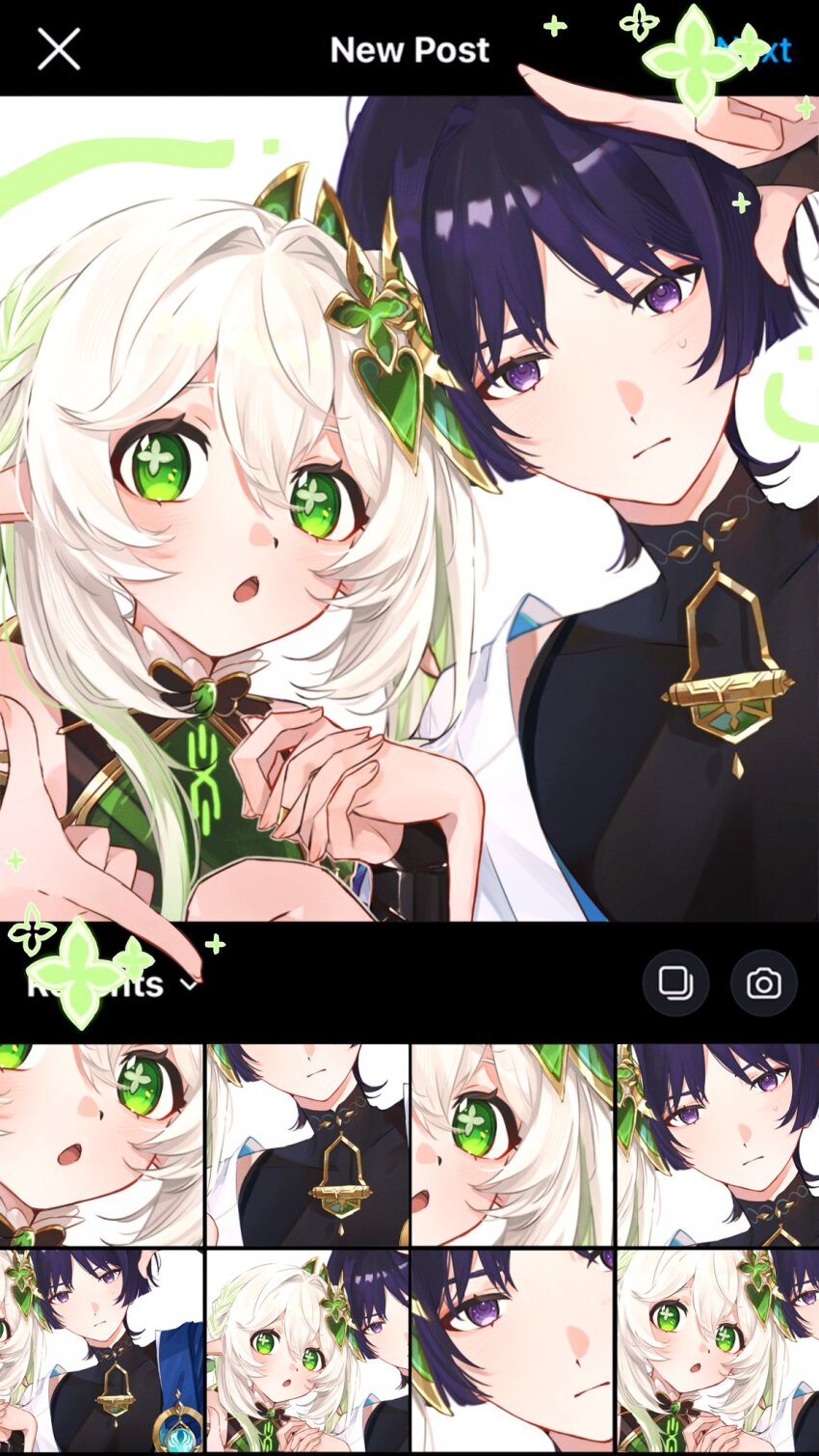 1boy 1girl black_bodysuit blue_kimono blunt_ends blush bodysuit bright_pupils choppy_bangs closed_mouth covered_collarbone cross-shaped_pupils double-parted_bangs dress fake_screenshot fingernails genshin_impact green_eyes green_hair hair_between_eyes hair_intakes hetero highres holding_hands interlocked_fingers japanese_clothes juban kimono leaning_to_the_side long_hair looking_at_viewer mandarin_collar multicolored_hair multiple_views nahida_(genshin_impact) onigiri_po_0205 open_mouth pointy_ears purple_eyes purple_hair scaramouche_(genshin_impact) shoulder_peek side_ponytail sidelocks streaked_hair sweatdrop symbol-shaped_pupils taking_picture tareme tsurime wanderer_(genshin_impact) white_dress white_hair white_kimono white_pupils