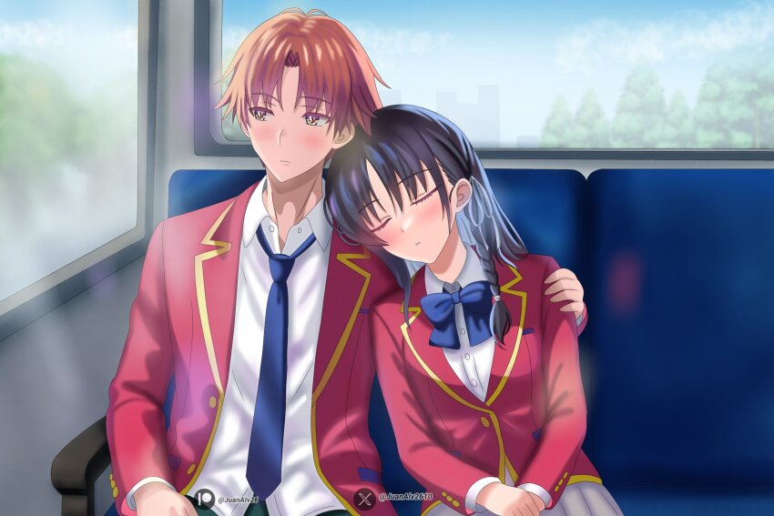 1boy 1girl advanced_nurturing_high_school_uniform ayanokouji_kiyotaka black_hair blazer blue_bow blue_bowtie blue_necktie blush bow bowtie brown_eyes brown_hair closed_eyes closed_mouth collared_shirt highres horikita_suzune jacket juanalv2610 long_hair long_sleeves necktie open_clothes open_jacket pleated_skirt red_jacket school_uniform shirt short_hair skirt white_shirt white_skirt youkoso_jitsuryoku_shijou_shugi_no_kyoushitsu_e