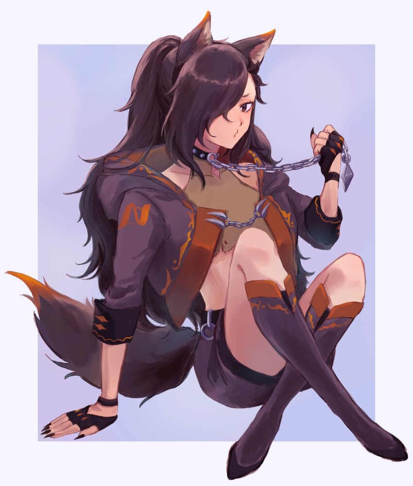 1boy animal_ears black_eyes black_hair boots collar crop_top crossdressing hair_over_one_eye highres jacket long_hair natsuki_subaru natsumi_schwarz ponytail re:zero_kara_hajimeru_isekai_seikatsu sharp_nail short_shorts shorts tail trap werewolf wolf_ears wolf_tail