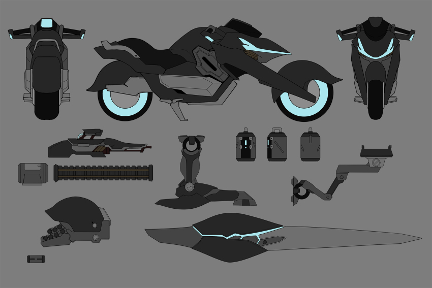 ammunition_belt commission drum_magazine flat_color grey_background gun highres machine_gun magazine_(weapon) missile_pod motor_vehicle motorcycle multiple_views mytea_(soso) no_humans original science_fiction skeb_commission weapon