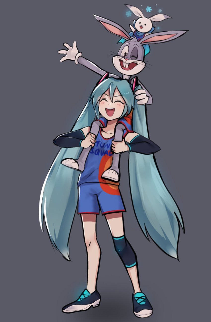 1girl aqua_hair basketball_court bugs_bunny rabbit carrying closed_eyes full_body grey_background hatsune_miku highres long_hair looney_tunes one_eye_closed open_mouth piggyback simple_background space_jam:_a_new_legacy sportswear standing tagme very_long_hair vocaloid
