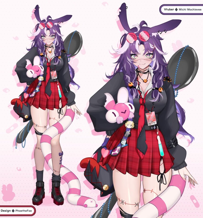1girl ahoge alternate_costume animal_ears antenna_hair arm_at_side bag black_choker black_necktie black_shirt black_shoes black_socks braid breasts choker commentary ear_piercing english_commentary eyewear_on_head fang fingernails full_body highres id_card indie_virtual_youtuber jared_(michi_mochievee) jewelry large_breasts long_sleeves michi_mochievee multicolored_eyes necklace necktie oversized_object phaethonvt piercing pink_nails plaid_clothes plaid_skirt pleated_skirt purple_eyes purple_hair rabbit_ears red_necktie red_pupils shirt shoelaces shoes shoulder_bag skin_fang skirt smile socks solo spoon standing stitched_face stitched_leg stitches stuffed_toy tail virtual_youtuber white_streaks yellow_eyes zoom_layer