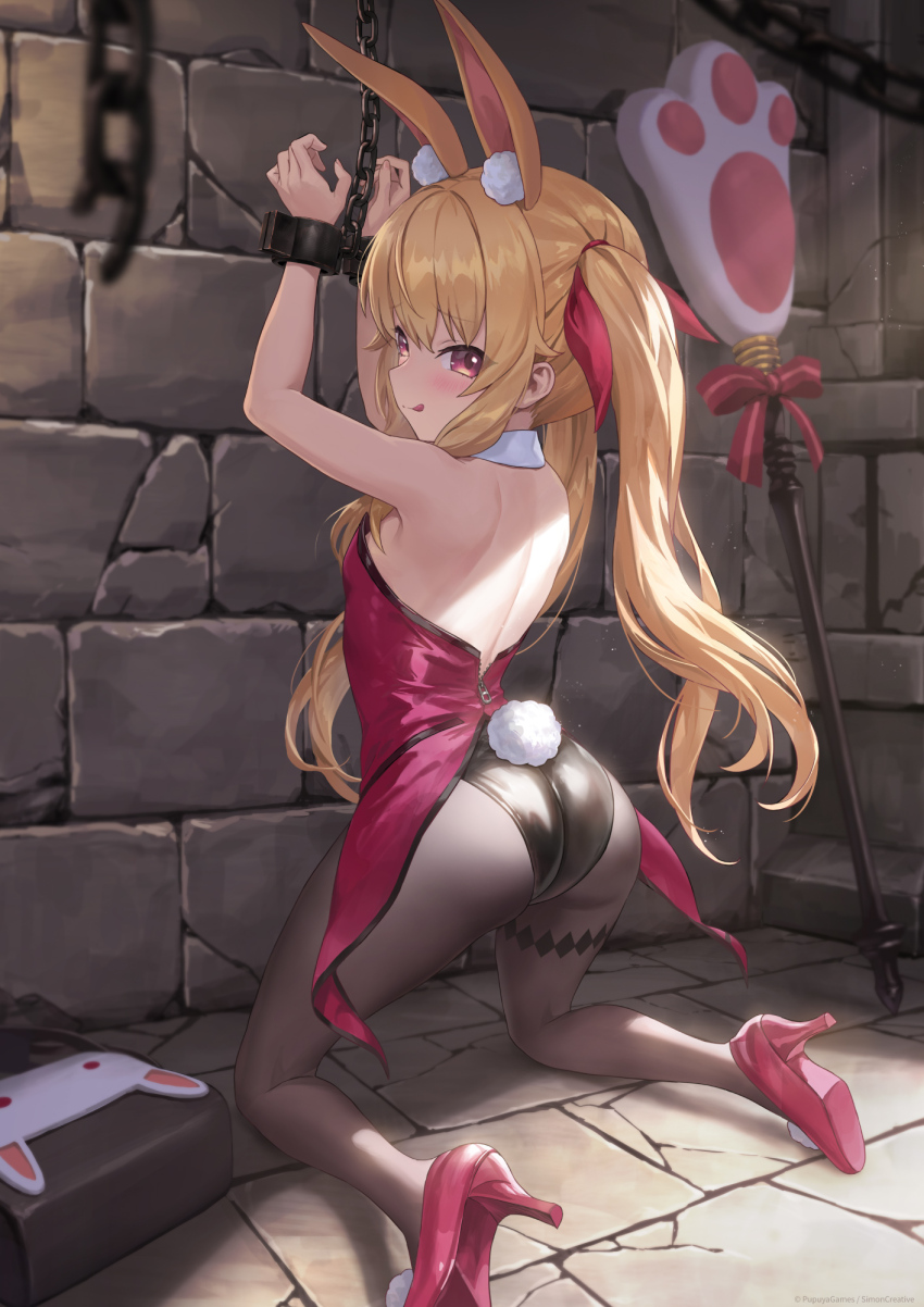 1girl :q animal_ear_fluff animal_ears ass bare_arms bare_back bare_shoulders blonde_hair breasts chain chained chained_wrists fake_animal_ears fake_tail from_behind full_body guchico high_heels highres kneeling leotard little_witch_nobeta long_hair naughty_face nobeta nobeta_(bunny_skin) official_art pantyhose petite playboy_bunny rabbit_ears rabbit_tail red_eyes red_leotard red_shoes shoes small_breasts smile solo strapless strapless_leotard tail tongue tongue_out twintails variant_set zipper