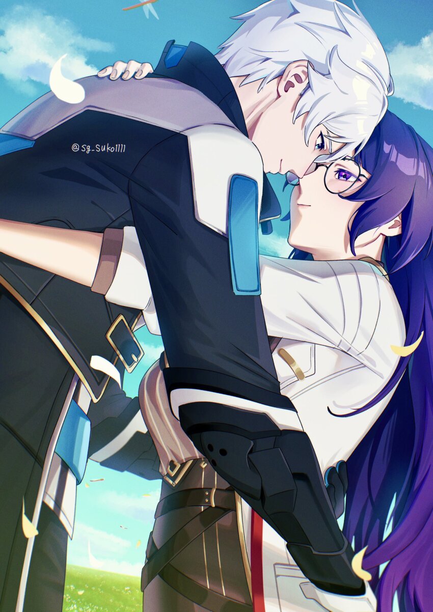 1boy 1girl black_jacket blue_eyes blue_sky cho_(sg_suko1111) cloud coat commentary forehead-to-forehead hand_on_another&#039;s_shoulder hand_on_another&#039;s_waist heads_together hetero highres honkai_(series) honkai_impact_3rd jacket kevin_kaslana long_hair mei_(honkai_impact) purple_eyes purple_hair short_hair sky very_long_hair white_coat white_hair