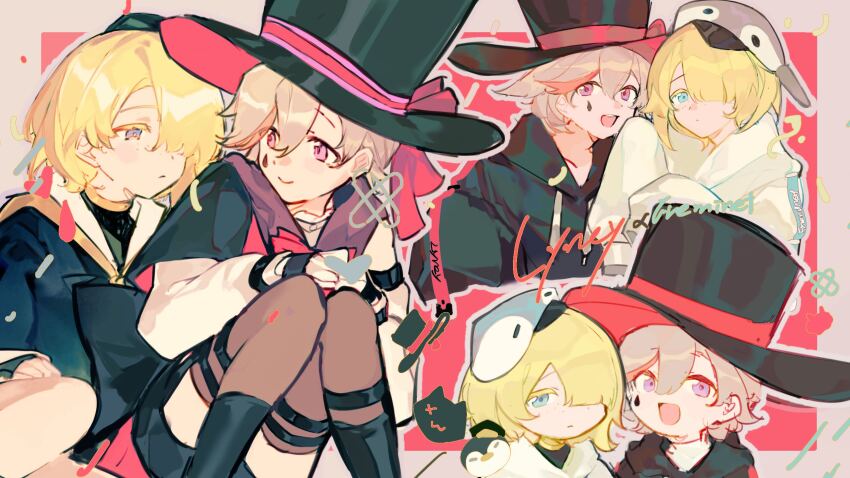 2boys :d aged_down animal_hat beret bird black_hat black_hoodie black_shorts black_undershirt blonde_hair blue_eyes bow brothers brown_hair brown_thighhighs character_name chinese_commentary closed_mouth colored_eyelashes commentary_request commission drawstring colored_bangs expressionless facial_mark freckles freminet_(genshin_impact) genshin_impact hair_behind_ear hair_over_one_eye hat hat_bow highres hood hood_down hoodie imena long_sleeves lyney_(genshin_impact) male_focus multiple_boys one_eye_covered open_mouth penguin penguin_hat pink_bow purple_eyes shin_strap short_hair short_shorts shorts siblings sleeves_past_fingers sleeves_past_wrists smile step-siblings teardrop_facial_mark teeth thigh_strap thighhighs top_hat upper_teeth_only white_hat white_hoodie
