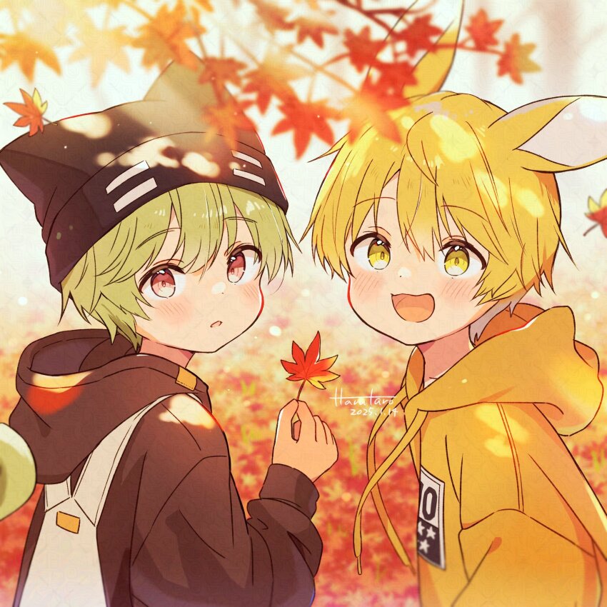 2boys animal_ears artist_name autumn autumn_leaves black_hat black_hoodie blonde_hair blush brown_eyes dated far_tarooo green_hair hat highres holding holding_leaf hood hoodie leaf long_sleeves looking_at_viewer male_focus maple_leaf multiple_boys open_mouth original outdoors rabbit_ears short_hair smile upper_body yellow_eyes yellow_hoodie