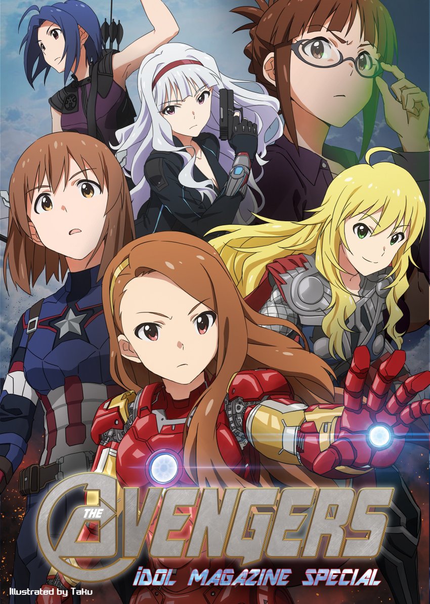6+girls absurdres akizuki_ritsuko avengers_(series) black_widow black_widow_(cosplay) blonde_hair blue_hair breasts brown_eyes brown_hair bruce_banner bruce_banner_(cosplay) captain_america captain_america_(cosplay) cleavage cosplay detached_sleeves glasses glock green_eyes gun hagiwara_yukiho handgun hawkeye_(marvel) hawkeye_(marvel)_(cosplay) highres holding holding_gun holding_weapon hoshii_miki idolmaster idolmaster_(classic) iron_man iron_man_(cosplay) long_hair marvel marvel_cinematic_universe medium_breasts minase_iori miura_azusa multiple_girls photoshop_(medium) pistol shijou_takane silver_hair smile taku1122 the_avengers thor_(marvel) thor_(marvel)_(cosplay) weapon