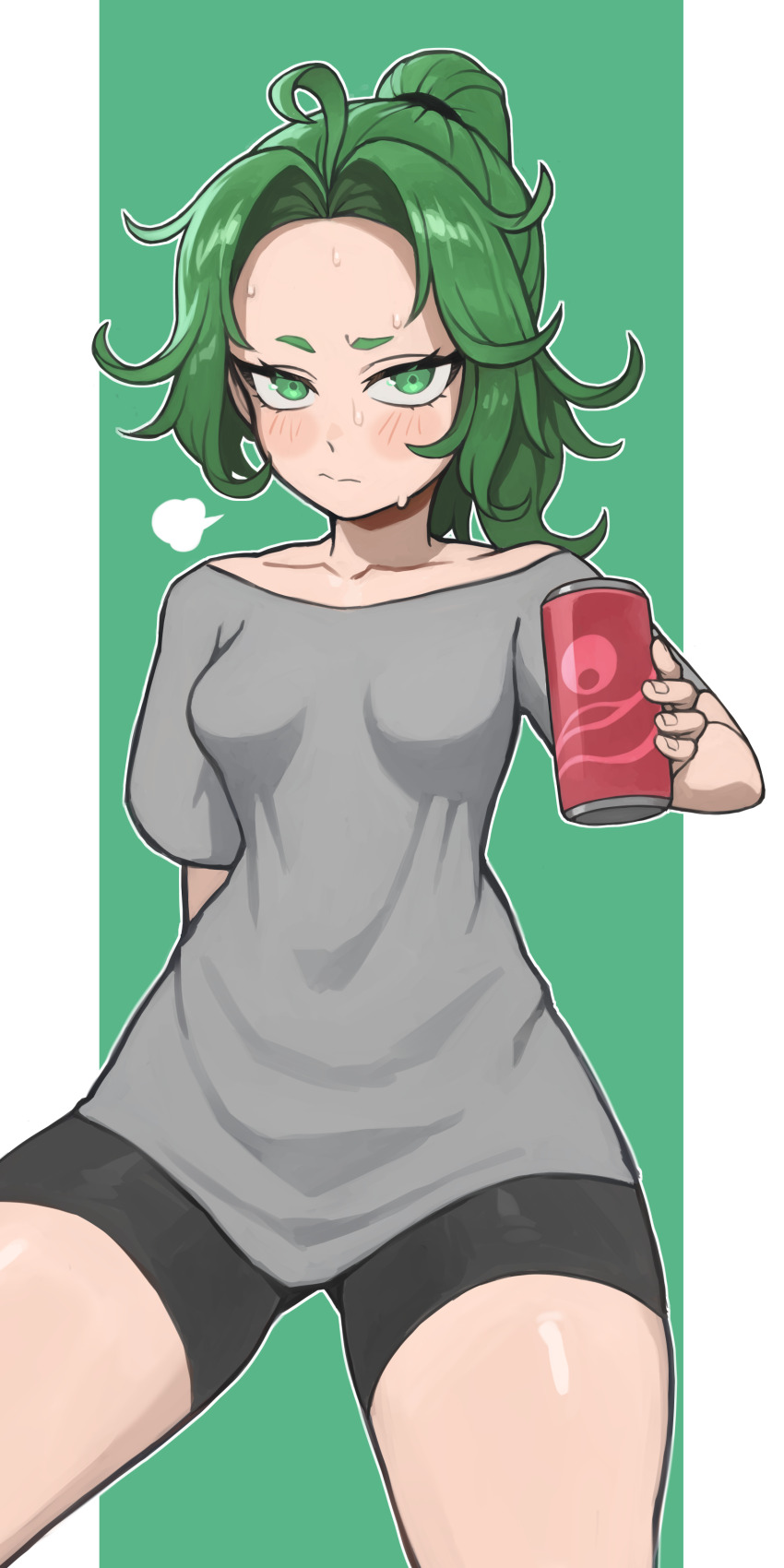 1girl absurdres alternate_costume alternate_hairstyle black_shorts blush breasts can collarbone cowboy_shot green_background grey_shirt highres holding holding_can mogglebear one-punch_man parted_bangs ponytail shiny_skin shirt short_sleeves shorts small_breasts solo sweat tatsumaki thighs white_background