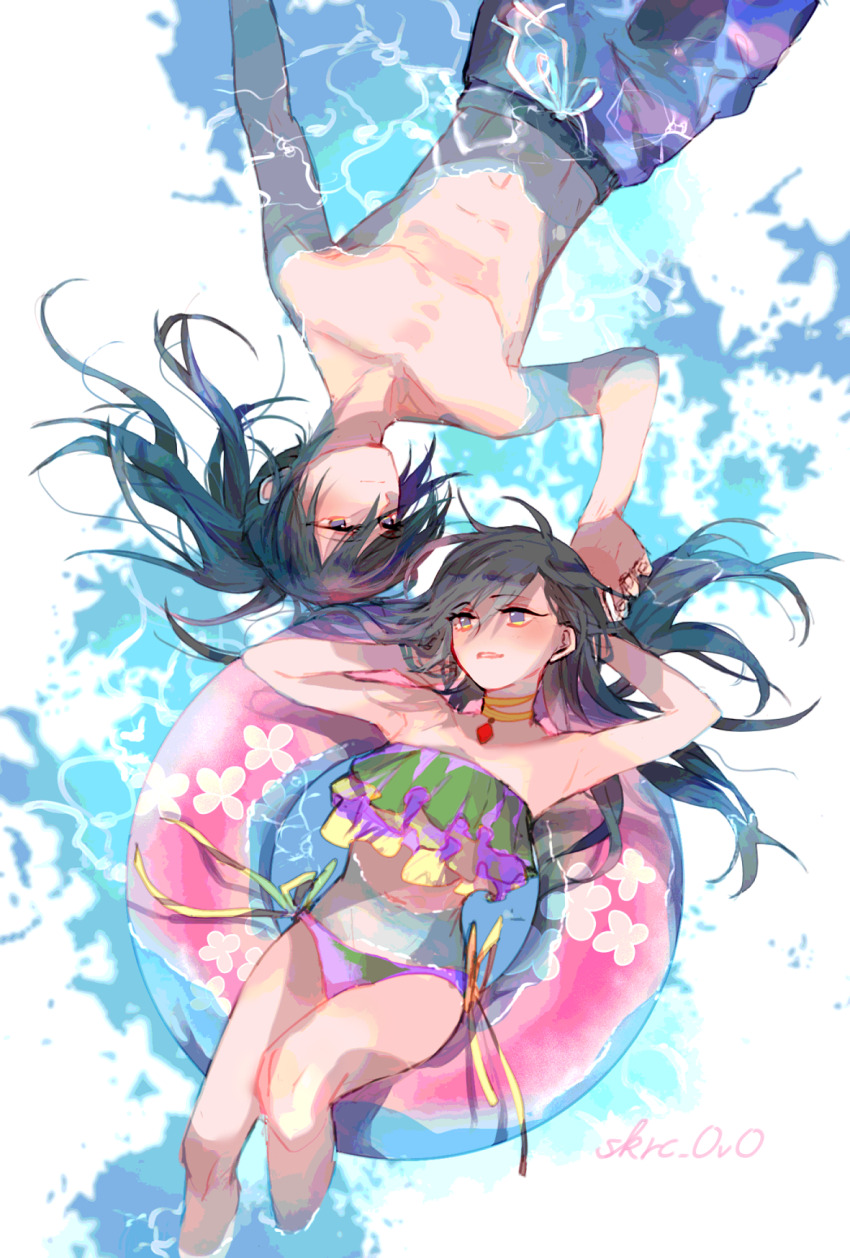 1boy 1girl afloat aged_up armpits arms_up bikini black_hair contemporary dororo_(character) dororo_(tezuka) feet_out_of_frame from_above highres hyakkimaru_(dororo) innertube long_hair looking_at_another navel partially_submerged sakuramochi1003 side-tie_bikini_bottom swim_ring swimsuit topless_male water