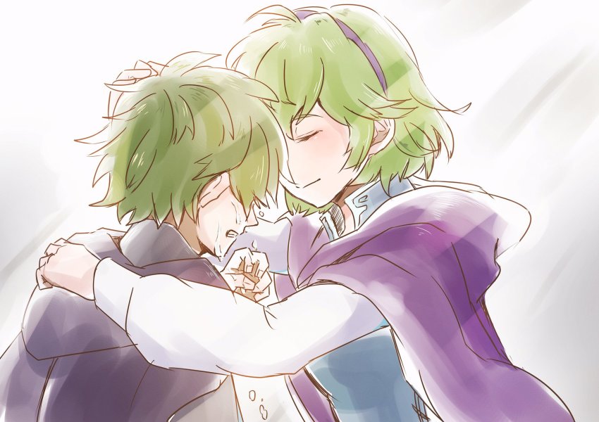 1boy 1girl blush cape fire_emblem fire_emblem:_the_binding_blade fire_emblem:_the_blazing_blade green_hair hairband hetero highres hoshigaki_(hsa16g) hug mother_and_son nino_(fire_emblem) nintendo open_mouth raigh_(fire_emblem) short_hair smile tears