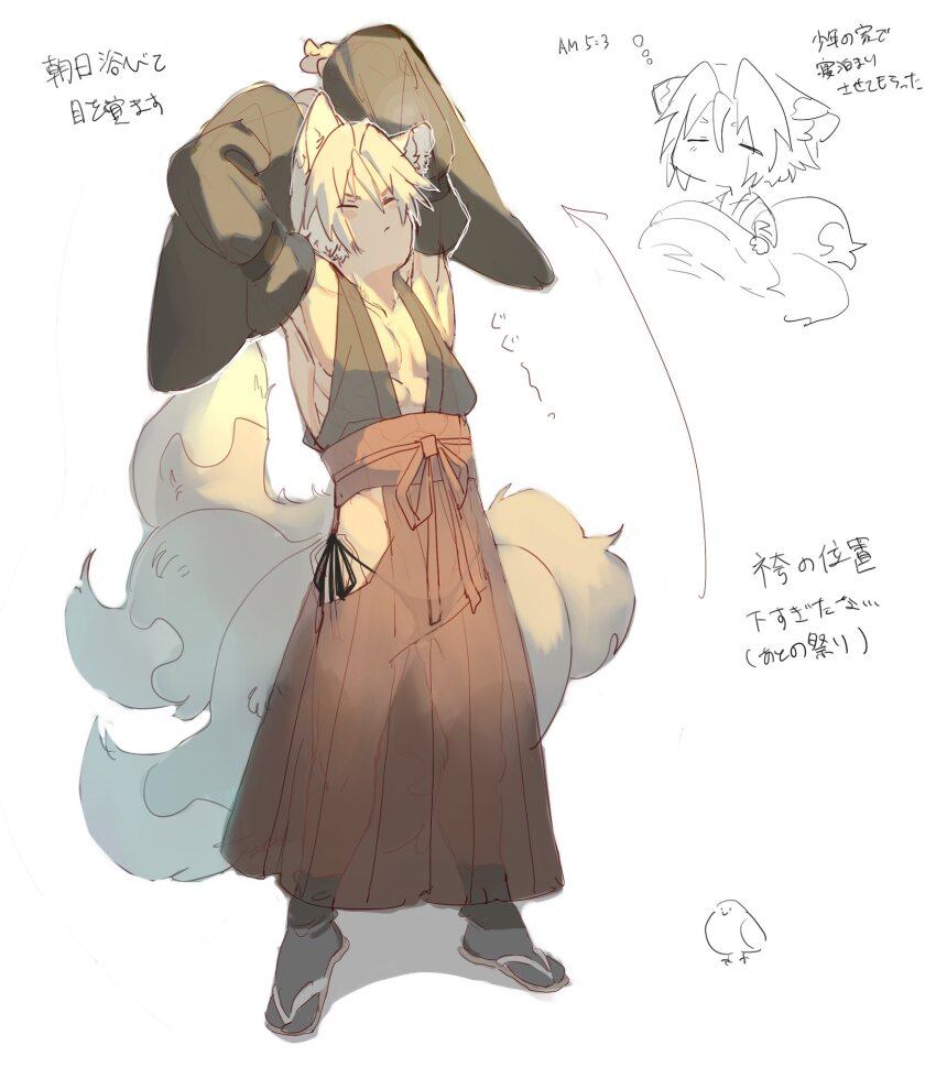 1boy abs alternate_costume animal_ears armpits arms_up bare_pectorals bird black_kimono black_panties black_socks blush_stickers chibi chibi_inset closed_eyes commentary_request detached_sleeves final_fantasy final_fantasy_vii final_fantasy_vii:_ever_crisis fox_boy fox_ears fox_tail full_body geta grey_hair hakama hakama_pants hattouissenbaka highres japanese_clothes kemonomimi_mode kimono kitsune male_focus multiple_tails no_mouth panties pants pectorals red_hakama see-through_clothes sephiroth sephiroth_(ever_crisis) short_hair side-tie_panties sleeveless sleeveless_kimono socks solo standing stretching tabi tail toned toned_male translation_request underwear white_background wide_sleeves