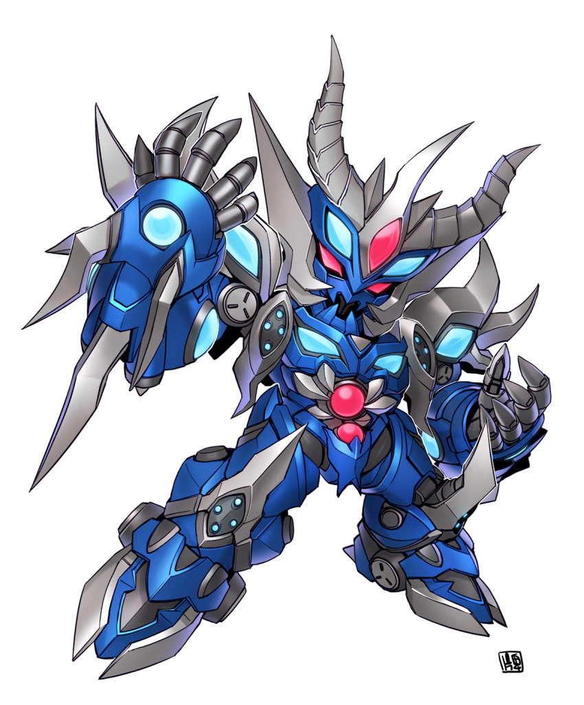 arm_blade armor full_armor glowing glowing_eyes highres horns mecha nakano_haito no_humans open_hand orb red_eyes robot science_fiction simple_background solo standing super_robot super_robot_wars super_robot_wars_advance weapon zweizergain