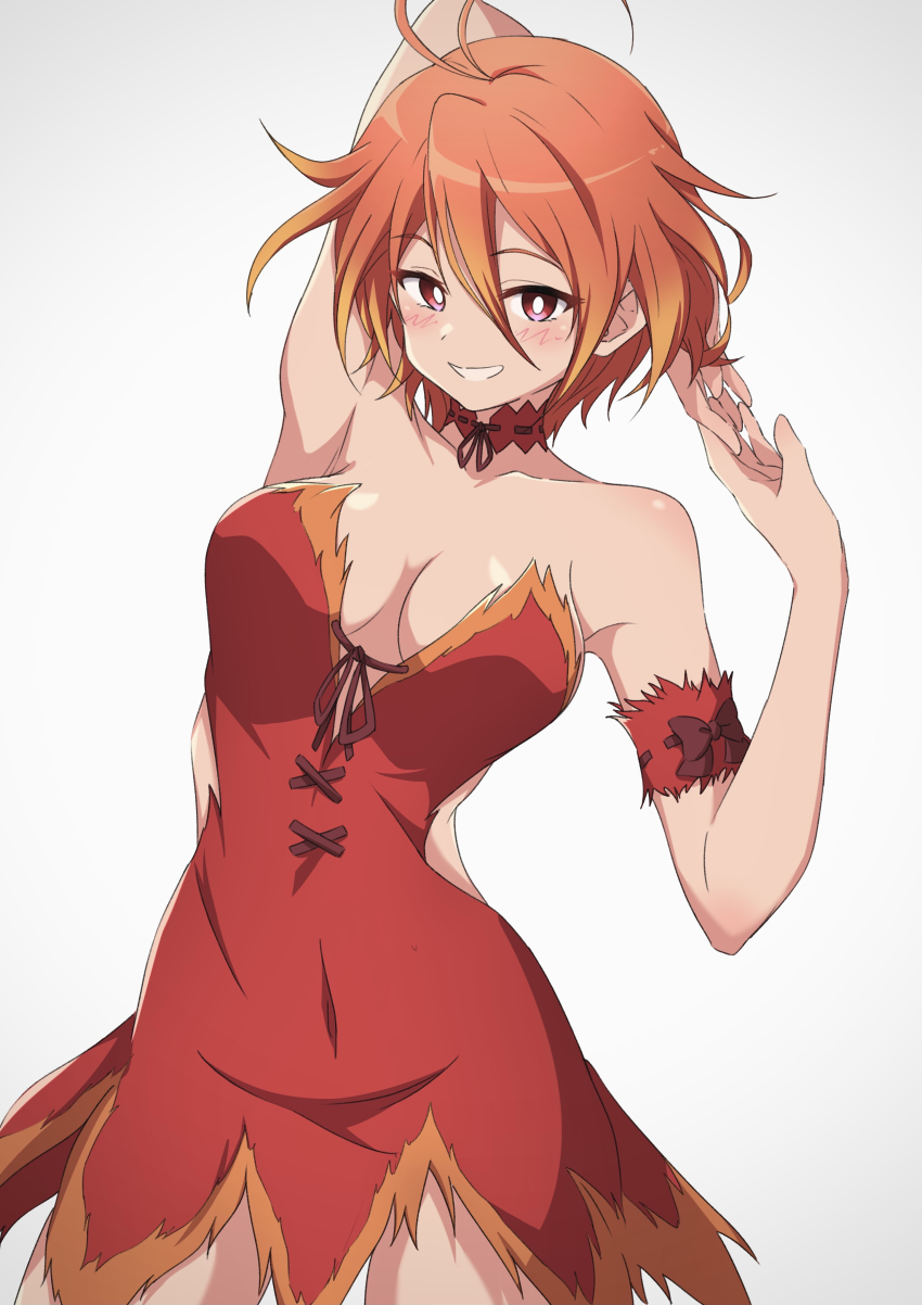 1girl absurdres amagi_brilliant_park bare_shoulders blush breasts choker cleavage collarbone covered_navel dress female_focus grin highres large_breasts looking_at_viewer multicolored_dress nishizuki_shino open_mouth orange_dress orange_hair red_choker red_dress red_eyes salama_(amaburi) shiny_skin short_hair simple_background smile solo standing upper_body white_background