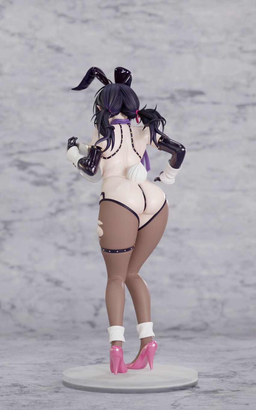 1girl 3d animal_ears ass barcode barcode_tattoo black_gloves breasts brown_dust_(series) brown_dust_2 cleavage elbow_gloves fake_animal_ears fake_tail figure from_behind full_body gloves heart_maebari high_heels highres huge_breasts illlrabbit large_variant_set latex latex_gloves leg_tattoo loen_(brown_dust_2) loen_(celebrity_bunny)_(brown_dust_2) maebari pantyhose pink_shoes purple_hair rabbit_ears rabbit_tail shoes short_twintails solo stiletto_heels tail tattoo thigh_strap torn_clothes torn_pantyhose twintails variant_set
