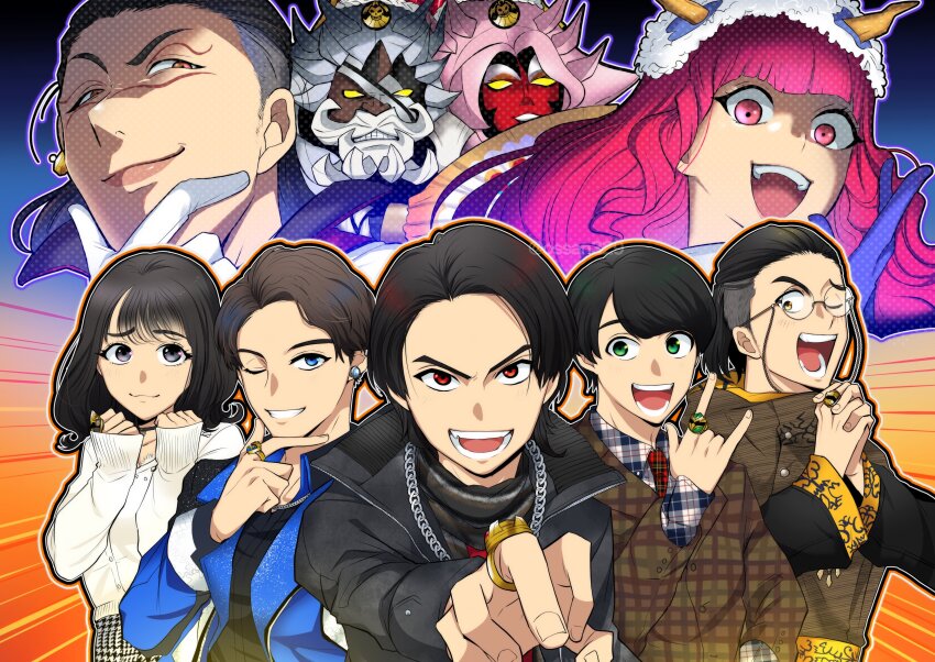 2025 20s 3girls 6+boys absurdres adk-em bakugami_ryuugi bandai bandai_namco black_eyes black_hair black_jacket blue_eyes blue_jacket bouquet_(no.1_sentai_gozyuger) brown_jacket byakuya_rikuou detective fire_candle_(no.1_sentai_gozyuger) green_eyes group_picture hair_slicked_back highres ichikawa_sumino idol jacket jewelry long_hair medium_hair mikkii_(tales329) mr._shining_knife_&amp;_mrs._sweet_cake multiple_boys multiple_girls no.1_sentai_gozyuger one_eye_closed open_mouth pink_eyes pink_hair praying red_eyes ring sentairing sentairing:_gozyu_eagle sentairing:_gozyu_leon sentairing:_gozyu_tyranno sentairing:_gozyu_unicorn sentairing:_gozyu_wolf short_hair super_sentai sweater takehara_kinjirou toei_company tokusatsu toono_hoeru tv_asahi white_sweater yellow_eyes