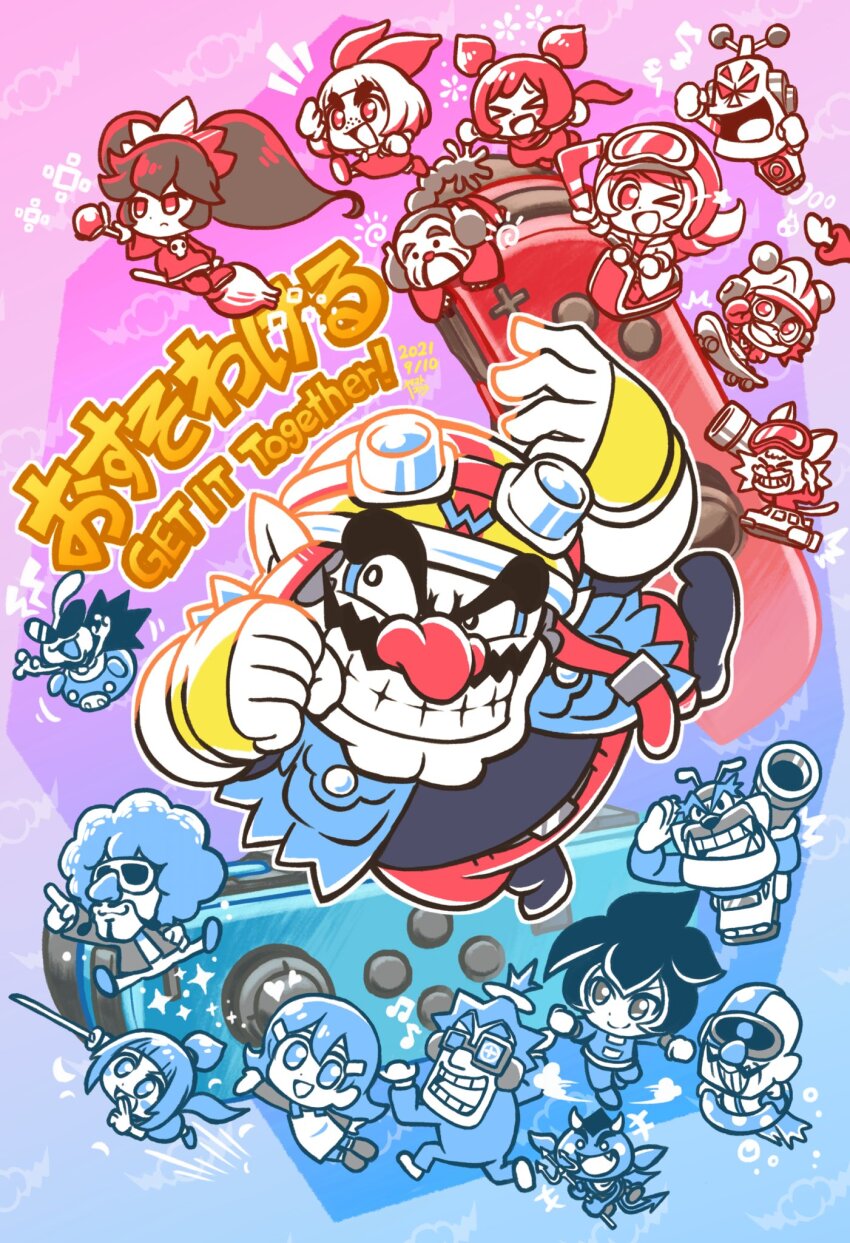 &gt;_&lt; &gt;_o 18-volt 5-volt 6+boys 6+girls 9-volt :d afro ana_(warioware) apron arm_up artist_name ashley_(warioware) beamed_eighth_notes black_hair black_shirt blue_background blue_jacket blunt_bangs boomerang broom broom_riding cat chibi closed_eyes closed_mouth commentary_request controller copyright_name dated demon_horns demon_tail denim denim_jacket dog dr._crygor dribble_(warioware) eighth_note expressionless facial_hair fangs freckles frown game_controller glasses goggles goggles_on_head gradient_background grin hair_ornament hairclip heart helmet high_ponytail highres holding holding_sword holding_wand holding_weapon horns index_finger_raised jacket jimmy_t joy-con kat_(warioware) katana long_hair long_sleeves looking_at_viewer lulu_(warioware) master_mantis medium_hair mike_(warioware) mona_(warioware) multiple_boys multiple_girls musical_note mustache nintendo notice_lines one_eye_closed open_clothes open_jacket open_mouth orbulon pants penny_crygor polearm ponytail purple_background red_(warioware) red_pants robot rocket_launcher salute shirt short_hair sidelocks simple_background skateboard sleeveless sleeveless_jacket smile smirk sparkle spitz split_mouth star_(symbol) sunglasses sword tail teeth thick_eyebrows trident twitter_username v-shaped_eyebrows wand wario warioware warioware:_get_it_together! weapon yamato_koara young_cricket